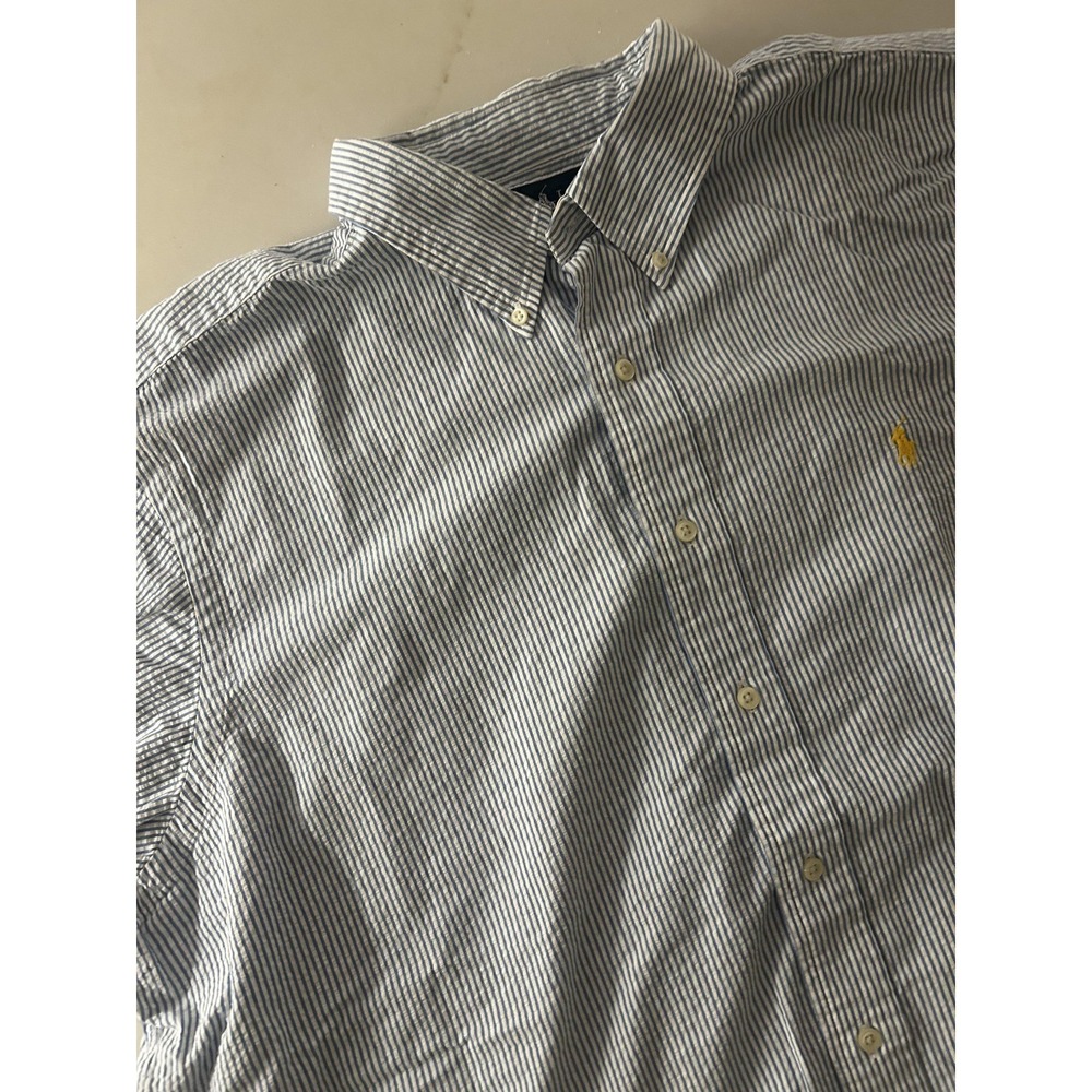 Ralph Lauren Shirt Mens 2XL Blue Stripe Classic Short Seersucker Button Down